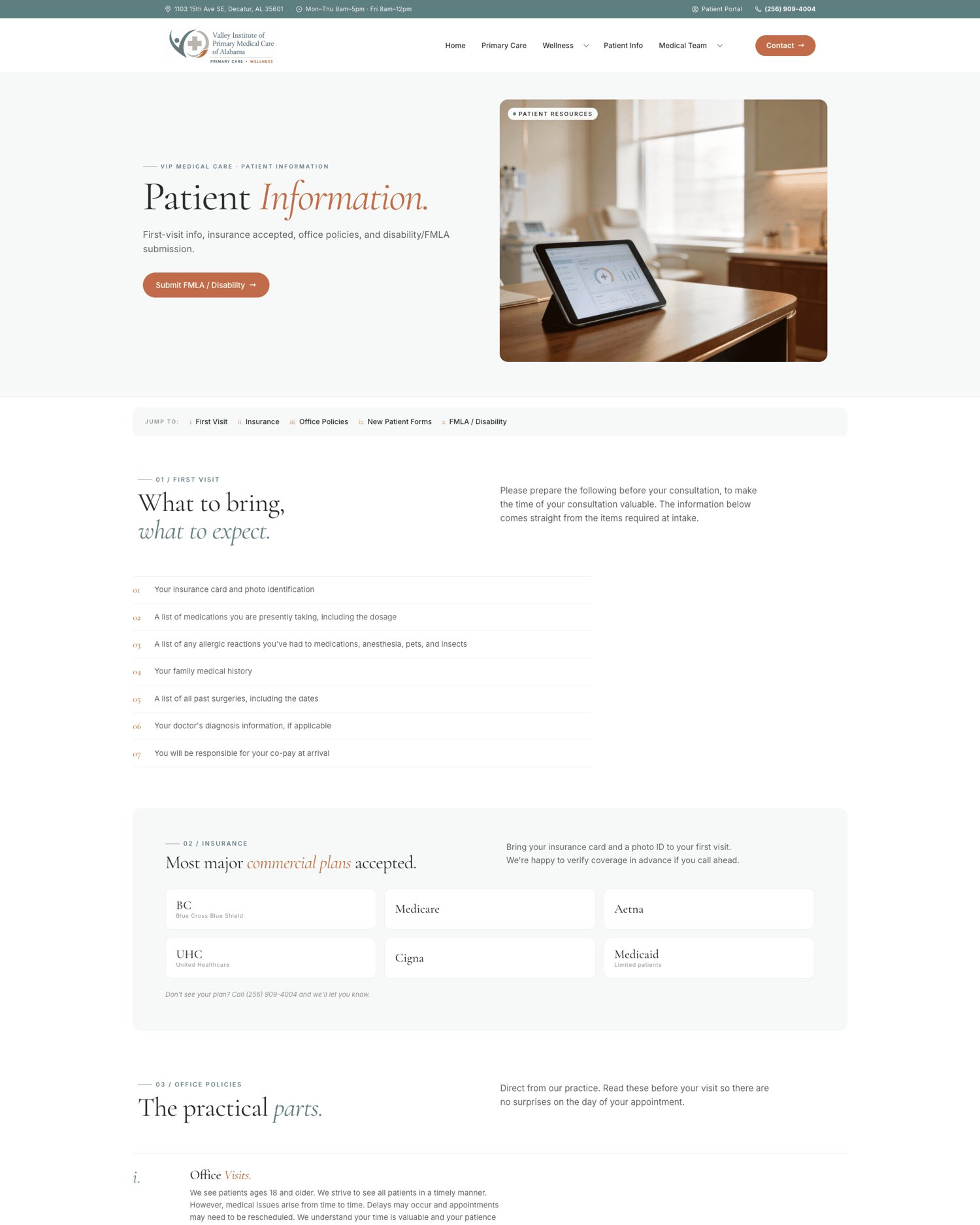 Patient information gains clearer hierarchy, preparation guidance and labeled actions.