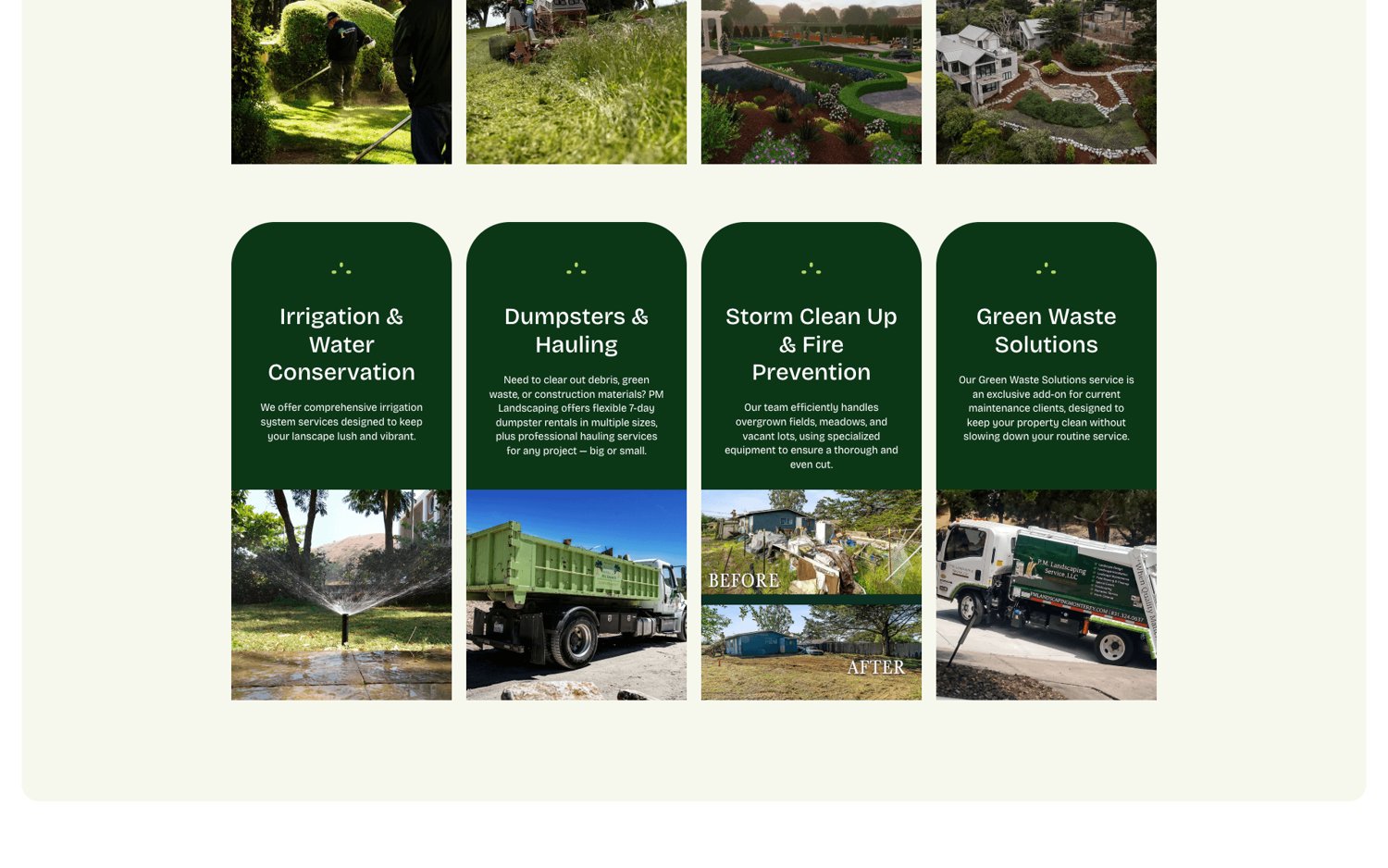 Client photography replaces a generic icon grid, giving each service tangible proof.