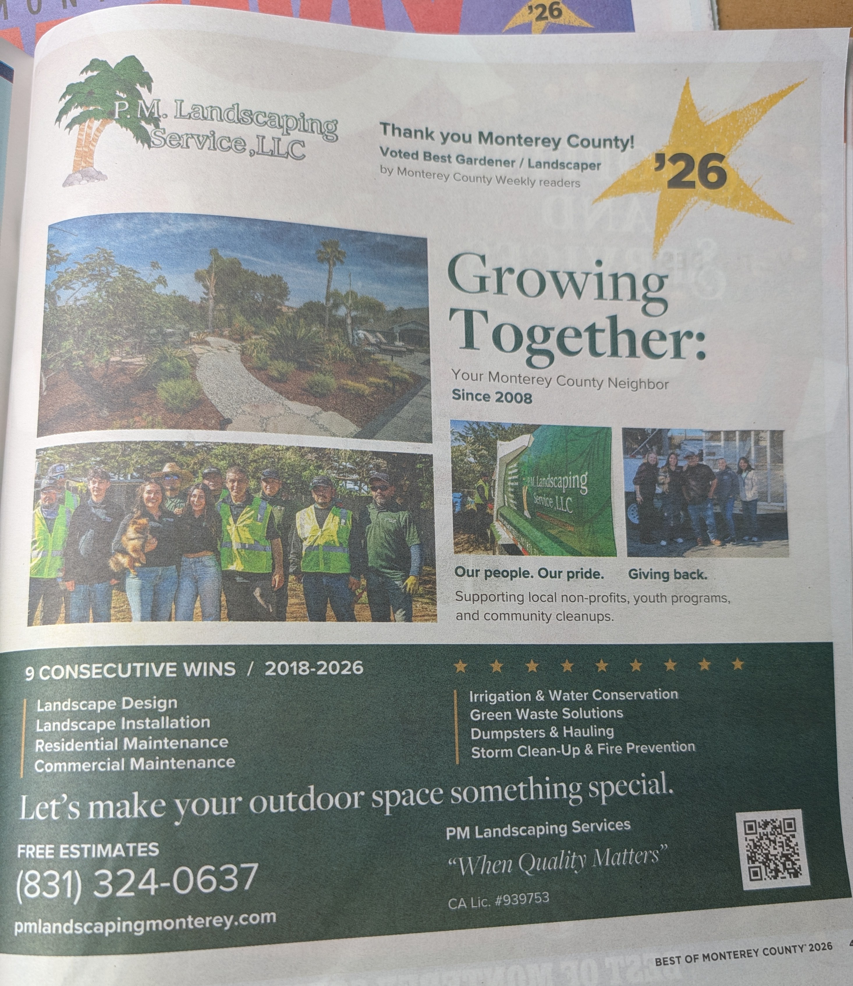 PM Landscaping’s Growing Together full-page advertisement in Best of Monterey County 2026